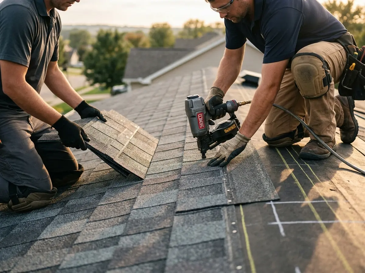 Professional roofer working on a residential roof in Granby